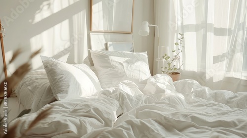 Messy unmade bed with white sheets and pillows in a bright, minimalist bedroom, showcasing a relaxing atmosphere, soft natural light illuminating the scene