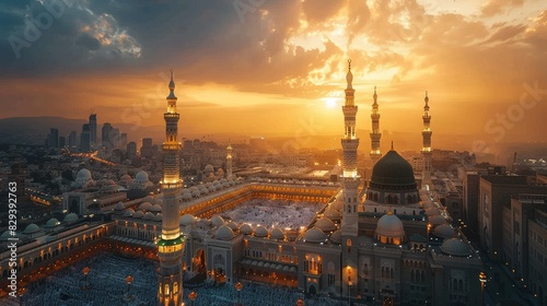 Golden hour over an Islamic cityscape, focusing on the Feast of Sacrifice with warm, raw tones and intricate architectural details, sunset lighting