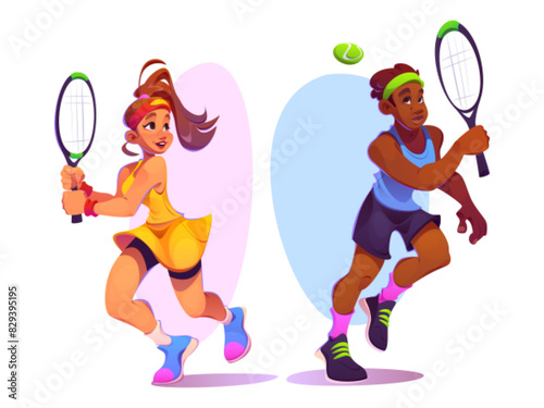 Tennis player character hit ball with racket. Cartoon vector illustration set of male and female sport athlete play on competition or training. Young active man and woman do fitness with racquet.