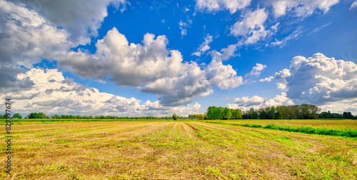 Big cloud formations passing over a rural landscape in The Netherlands.