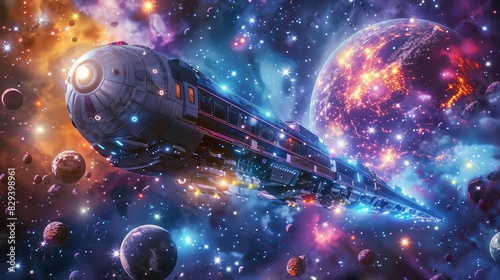 A futuristic train traveling through space, surrounded by stars and colorful planets