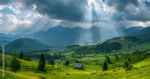 A panoramic view of the Carpathian Mountains, with rays piercing through clouds above and illuminating green meadows below. The landscape. Created with Ai
