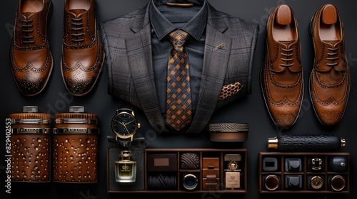 Top view of watches, men's shoes, ties, suits and perfume. Stylish men's accessories on dark background