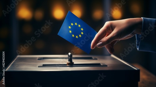 Voter Casting Ballot With European Union Flag in Dimly Lit Room