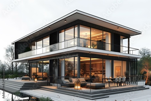 Modern house with large glass windows and terrace
