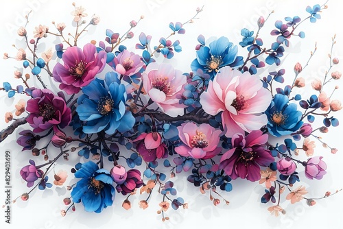 An image of a pink, blue and purple floral arrangement on white