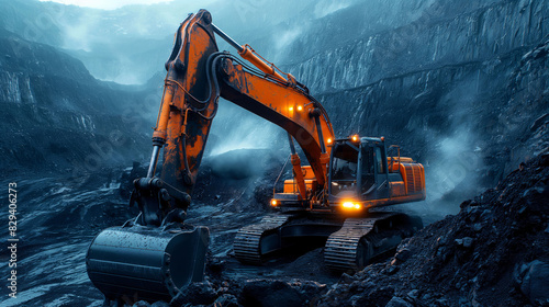 A large orange and black construction vehicle is driving through a rocky area. The vehicle is an excavator and is surrounded by dirt and rocks. Open pit mine concept
