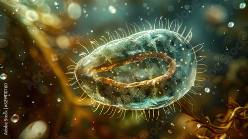 Close-up of a paramecium with cilia moving in water, surrounded by pond debris and plant matter.