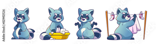 Cute raccoon mascot. Funny wash animal character. Racoon drawing set with basin and different pose isolated icon on white background. Lovely comic grey wild child washing clothes with hand and drying