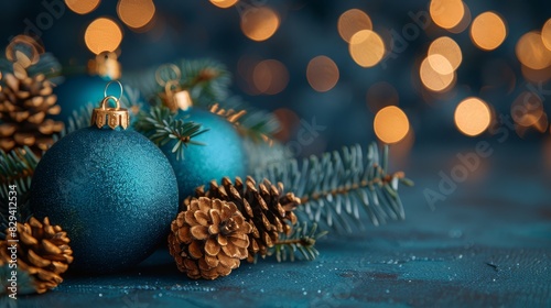  A blue Christmas ornament atop a pine cone Nearby, two pine cones rest on a blue surface Background features lights