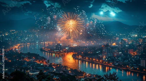 A photograph showcasing a grand fireworks display above an illuminated urban landscape at night created with Generative AI technology