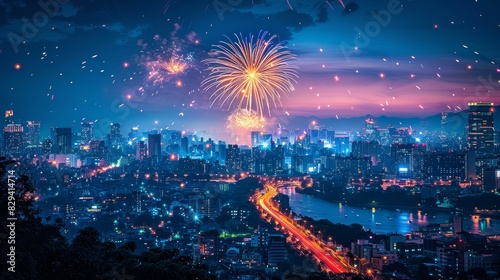 A photograph showcasing a grand fireworks display above an illuminated urban landscape at night created with Generative AI technology