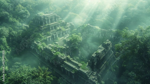 Close-up of ancient ruins bathed in sunlight, surrounded by a lush, mystical forest, capturing the serene and magical atmosphere