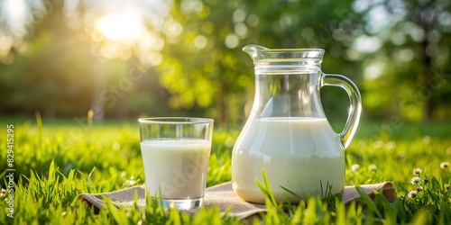 Decanter and glass of milk on the lawn. World Milk Day Concept
