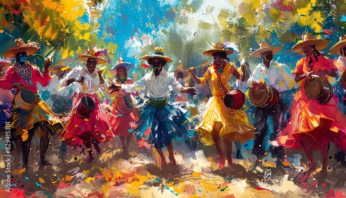 Illustrate a vibrant parade with colorful dancers and musicians in traditional attire