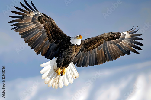 Majestic Bald Eagle Soaring Through Clear Blue Sky with Wings Fully Spread
