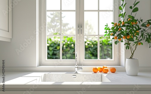 Minimalist White Kitchen with Fresh Oranges and Sunlit Window
