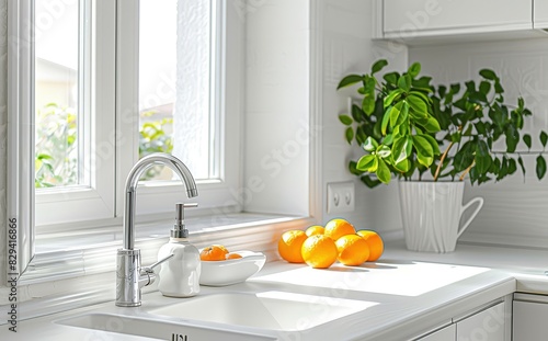 Minimalist White Kitchen with Fresh Oranges and Sunlit Window