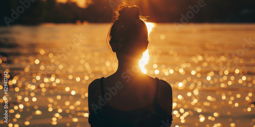 Silhouette of a Person Against a Glittering Sunset Over Water