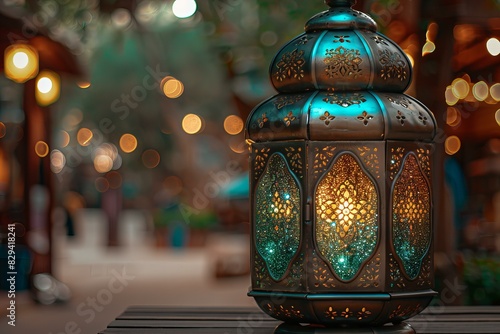 Illustration of antique silver emirate lantern with green glitter stars
