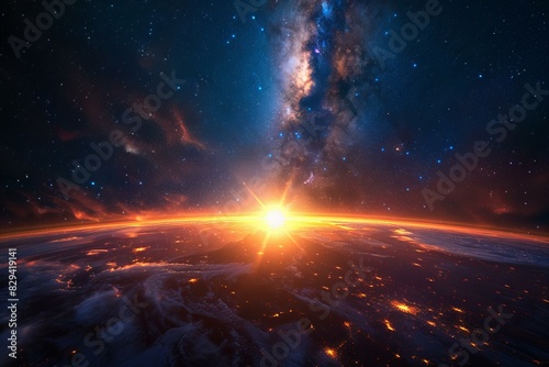 Illustration of the milky way glowing with the sun above the earth