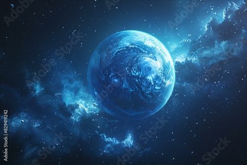 Illustration of the blue planet is visible on the background, high quality, high resolution