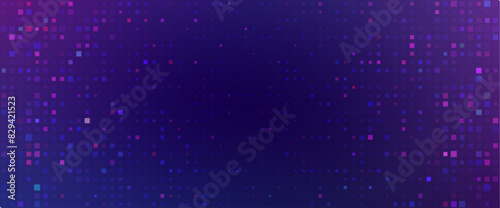 Purple abstract pixel texture bg video screen. Tv pattern background with square noise effect. Futuristic broadcast neon gradient banner for television. Modern vhs led static display element