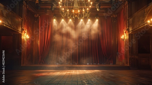 An empty theater stage is bathed in warm, soft spotlights, revealing partially drawn velvet curtains and a vintage chandelier hanging above, creating a nostalgic and elegant atmosphere.