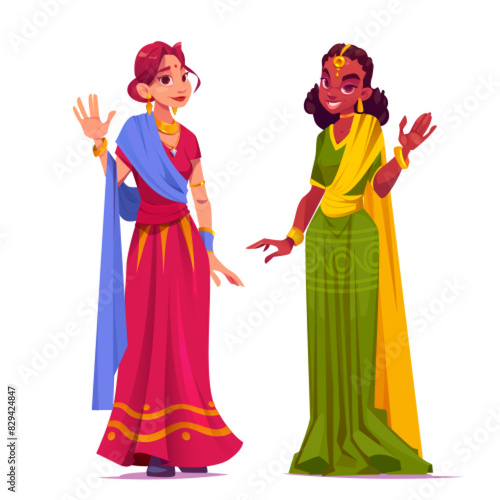 Young woman in traditional Indian saree standing and waving hand. Cartoon vector set of female smiling lady character wearing red and blue, green and yellow ethnic Asian clothes and accessories.