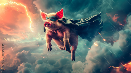 Superhero pig with a cloak and eye mask flying in dramatic stormy sky with lightning in the background.