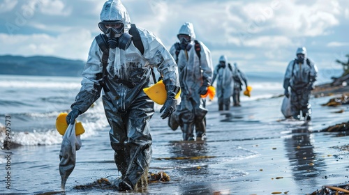 Group of workers in hazmat suits and masks using absorbent pads to clean up crude oil from the beach, oil sheen visible on the water surface