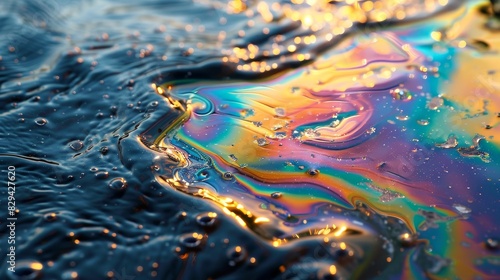 Macro shot of a chemical spill on a water surface with a rainbow-like sheen, highlighting the interaction of oil and water in vivid detail