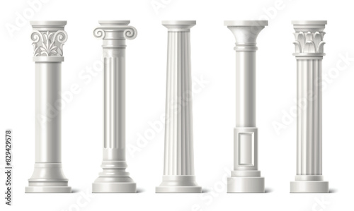 Antique marble pillars set isolated on white background. Vector realistic illustration of ancient roman and greek style architecture design elements, classic palace building colonnade, interior decor