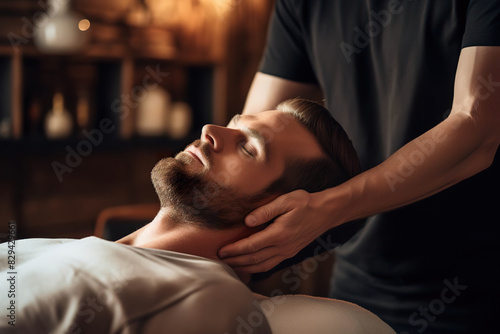 Man receiving a relaxing head massage. Generated by AI.