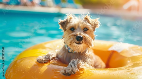 Small dog lying on a lilo in the middle of a public swimming pool