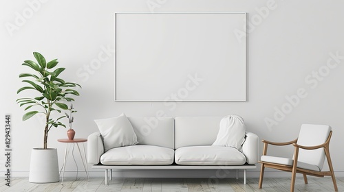 A Minimalist Living Room with White Sofa, Plant, and Wooden Chair.