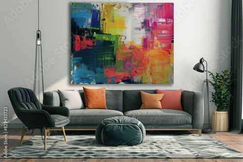 Living Room Design with Gray Sofa, Green Armchair, Blue Ottoman