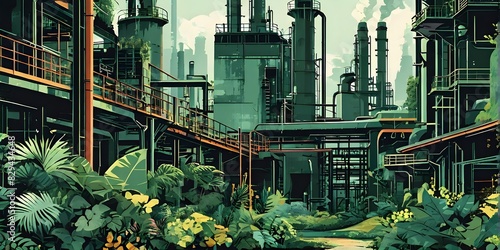 illustration of an industrial landscape scene in a minimalistic hyper realistic style