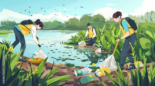 A riverbank cleanup activity with volunteers.