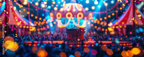 Vibrant pop-art mockup of a colorful carnival with central podium and bokeh lights