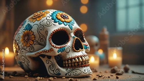 Colorful sugar skull decorated with flowers and candles, symbolizing the Day of the Dead celebration in a dimly lit setting.