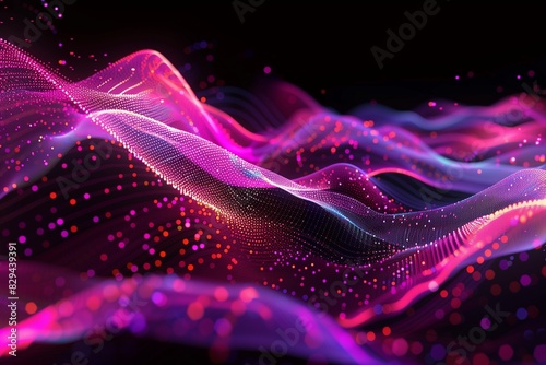 A striking abstract illustration with colorful vector dots in hues of bright pink and purple, scattered across a black background. 