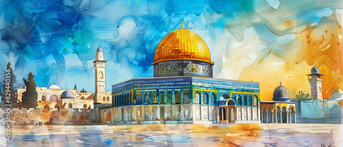 Watercolor hand draw The Dome of the Rock in Jerusalem is a prominent Islamic shrine with a golden dome and beautiful mosaics.