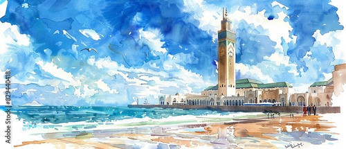 Watercolor hand draw The Hassan II Mosque in Casablanca Morocco