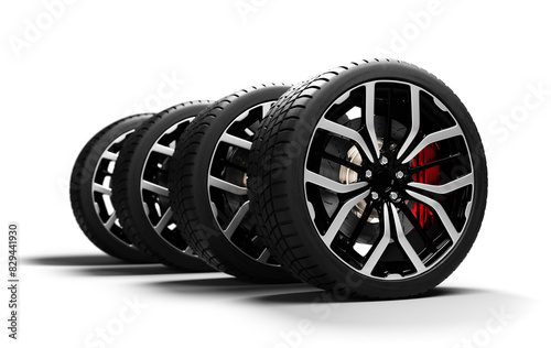 Row of black car wheels with alloy rims on transparent background