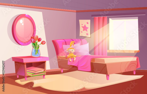 Pink girl bedroom interior vector cartoon. Girly house with bed and modern furniture design. Mirror and poster on wall, book pile and flower vase decoration in cute hotel apartment or teen room