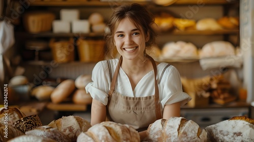 Happy attractive french woman working baking fresh white bread croissant and sweets with uniform apron, smiling young female owner of a small business selling homemade bread, bakery shop background. 