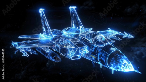 An illustration of fighter jet in blue print wireframe , A fighter jet is depicted in the center of an air battle map with data and holographic images against a dark blue background