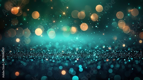  A crisp image of a dark blue and green background teeming with numerous tiny circles of light, distinctly illuminating its center The background remains slightly obscured yet discernible