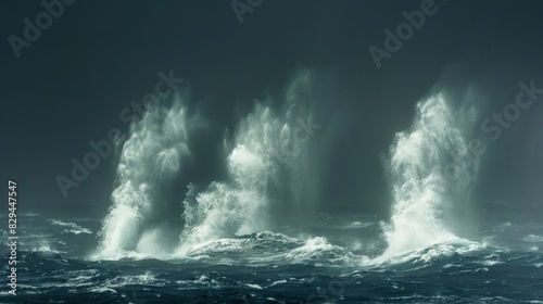 The oceans surface in turmoil as a trio of water spouts intertwine and spin a symphony of raw energy.